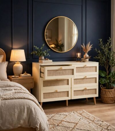 Lumia Woven Cane 6-Drawer Bedroom Dresser, handcrafted wooden storage furniture by Bahoo Interior UAE