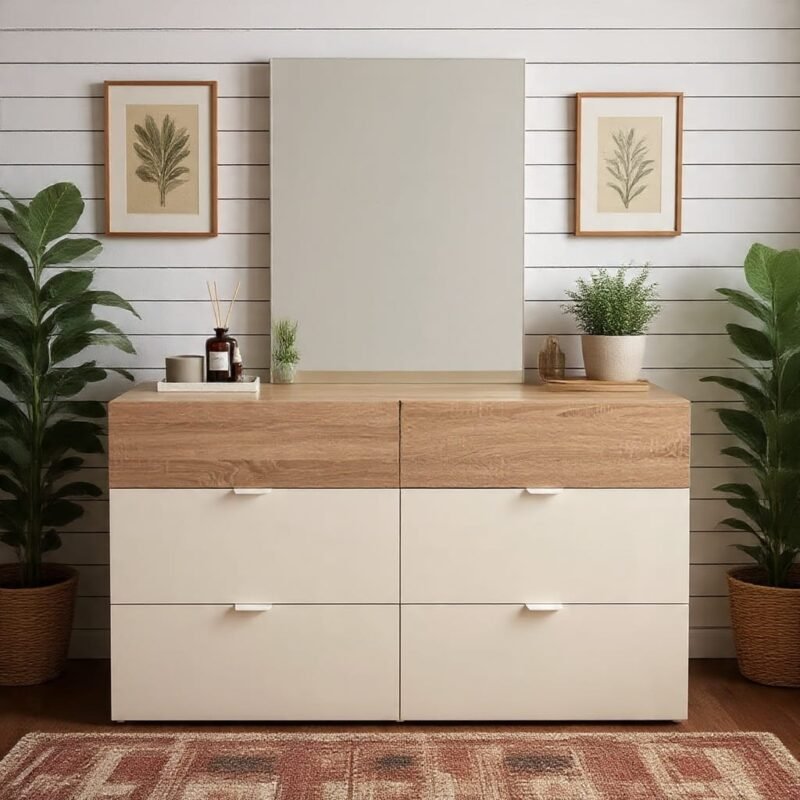 Valencia 6-Drawer Contemporary Dresser and Detached Landscape Mirror Set - Bahoo Interior UAE