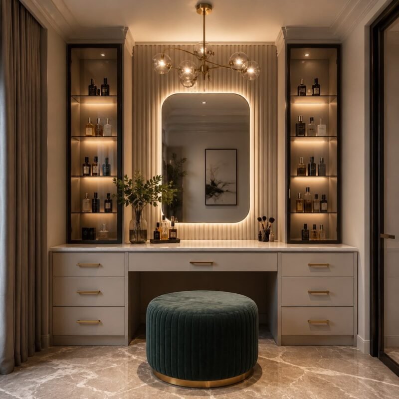 Modern dressing table with mirror and drawers displayed in a bedroom