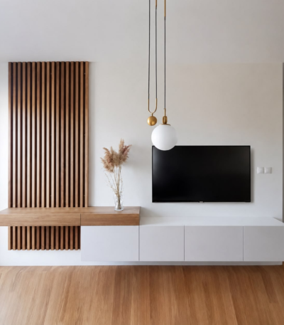 Modern floating TV cabinet with concealed storage and wall mounted design for luxury living rooms in Dubai UAE
