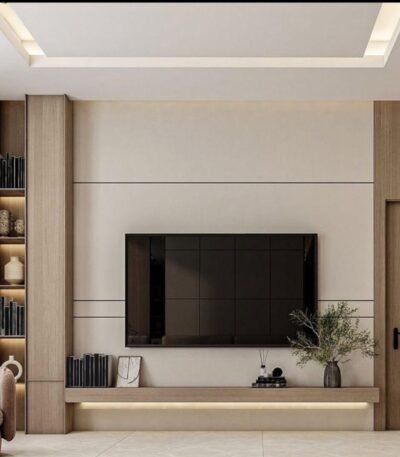 LuxRib Manhattan TV unit with fluted wall panels and floating cabinet by Bahoo Interior UAE.