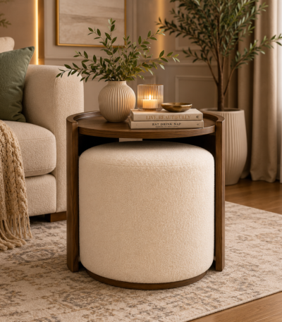 Zena modern nesting side table and upholstered ottoman set, space-saving furniture for UAE homes.