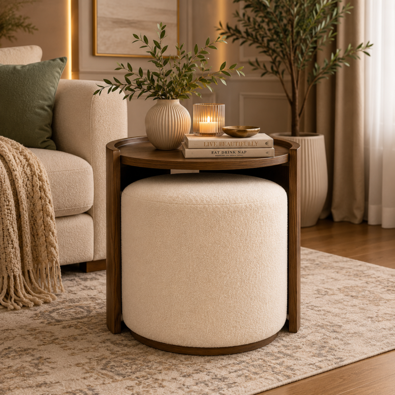 Zena modern nesting side table and upholstered ottoman set, space-saving furniture for UAE homes.