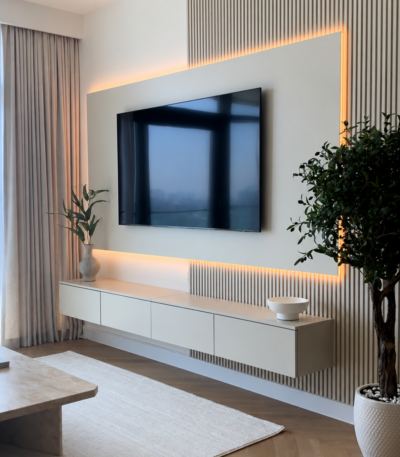 Luxury LED floating TV wall unit with fluted wall panels and floating cabinet by Bahoo Interior UAE.