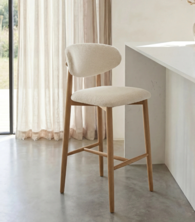 Bahoo Alto Mid-Century Modern Bar Stool – Off-White Upholstered Cushion & Light Wood Frame