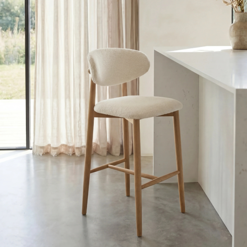 Bahoo Alto Mid-Century Modern Bar Stool – Off-White Upholstered Cushion & Light Wood Frame