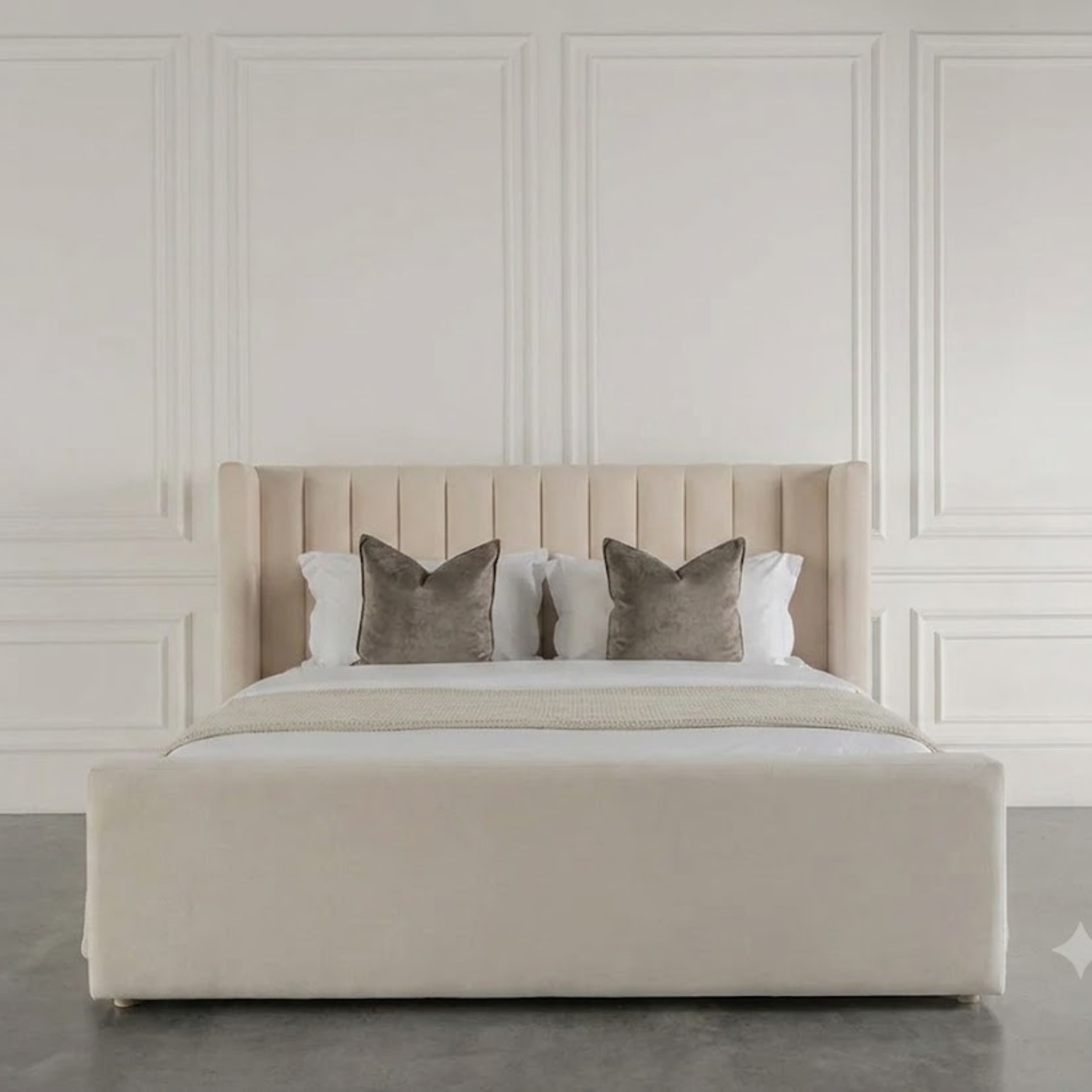 bahoo (8) Belgrave Fluted Wing bed with vertical fluted headboard, deep wingback sides, and plush upholstered footboard
