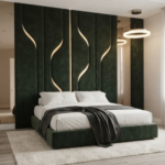 Modern Backlit Curved Groove Upholstered Fabric Wall Panel Bed with Mattress Frame
