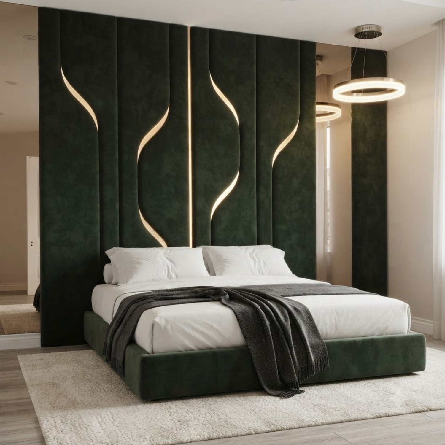 bahoo (9) Modern Backlit Curved Groove Upholstered Fabric Wall Panel Bed with Mattress Frame - Image 1