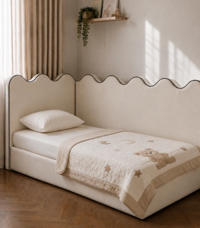Bahoo Bera Kids Off-White Velvet Upholstered Bed with Scalloped Headboard
