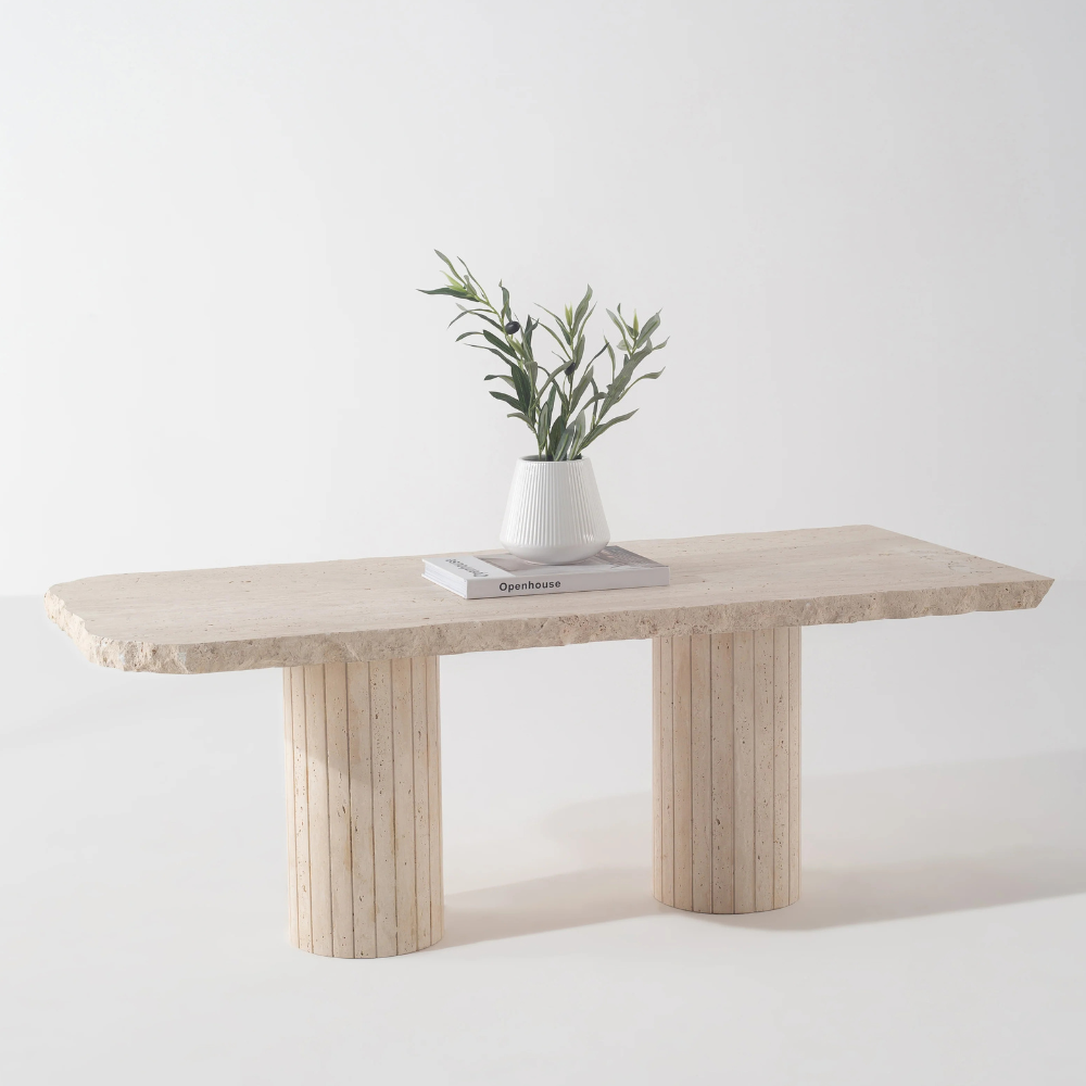 Bahoo Brynella Premium Natural Travertine Coffee Table with Fluted Pedestals