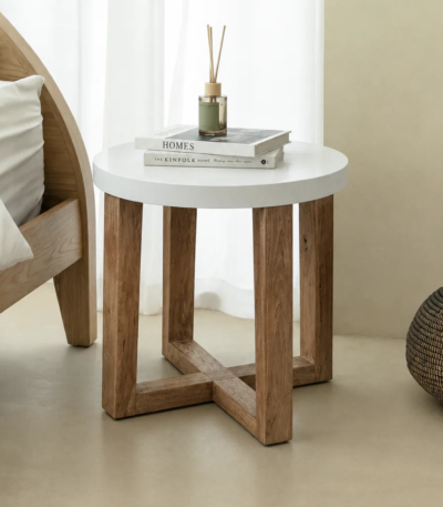 Bahoo Caldris Cross Base Side Table – White & Oak 
