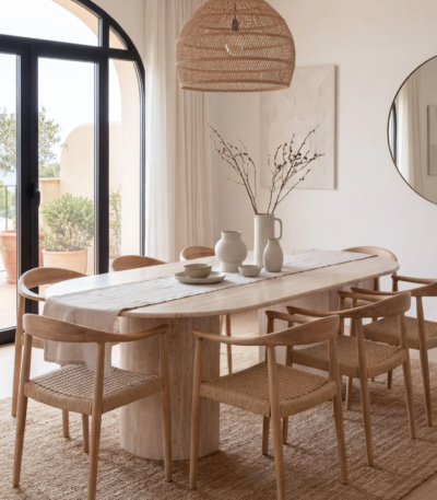 Bahoo Laurent Beige Travertine Dining Table with Sculptural Half-Moon Pedestals