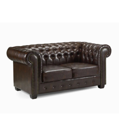Classic Chesterfield dark brown genuine leather 2 seater sofa with deep button tufting by Bahoo Interior UAE