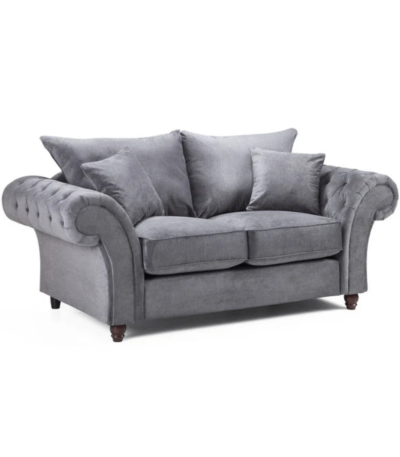 Classic Chesterfield grey 2 seater fabric sofa with rolled button-tufted arms by Bahoo Interior UAE