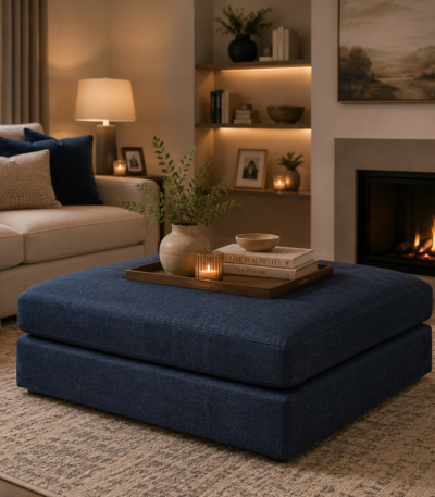 Plush square fabric ottoman cube seating, versatile upholstered footstool for modern home interiors by Bahoo Interior