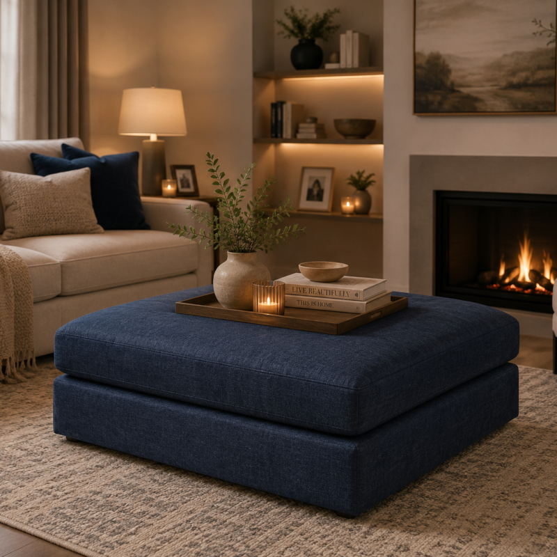Plush square fabric ottoman cube seating, versatile upholstered footstool for modern home interiors by Bahoo Interior
