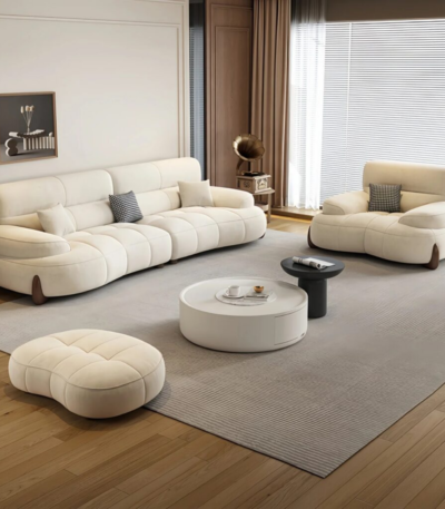 Celeste Curved Ivory Fabric Sofa Set with Lounge Chair and Ottoman by Bahoo Interior UAE