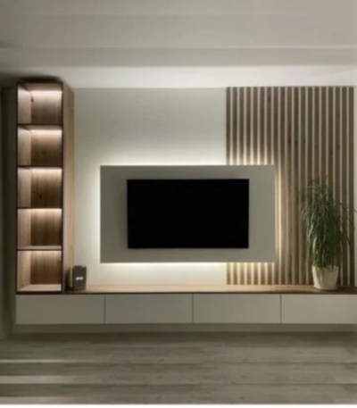 Modern TV Unit with Decorative Wall Cladding and Storage Cabinet by Bahoo Interior UAE
