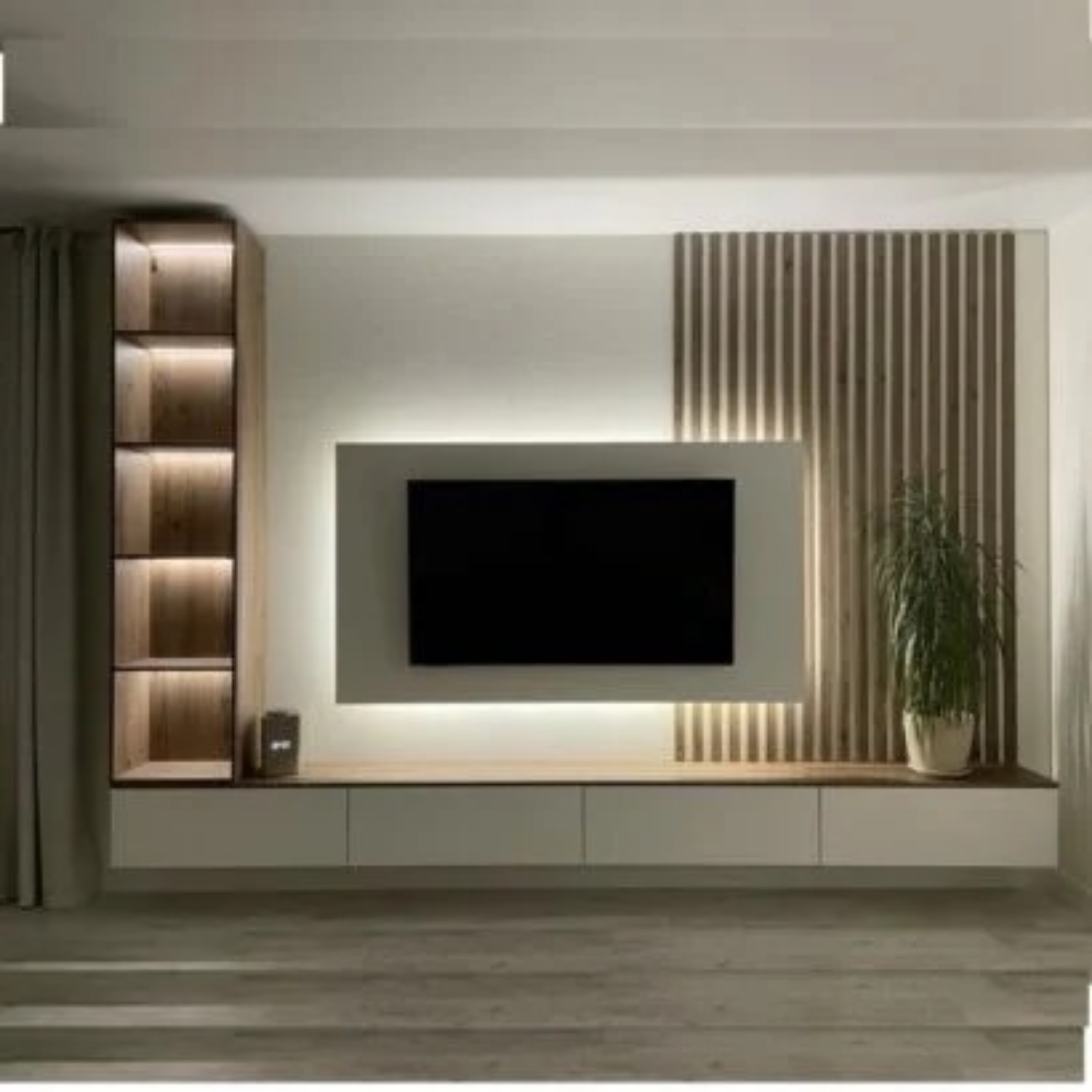 Modern TV Unit with Decorative Wall Cladding | Bahoo Interior Modern TV Unit with Decorative Wall Cladding and Storage Cabinet by Bahoo Interior UAE