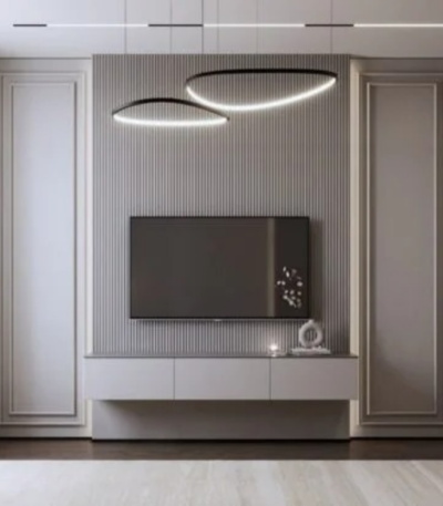 Modern ModuFlute Oslo wall mounted TV unit with fluted wall panels and floating cabinet for luxury living rooms in Dubai UAE