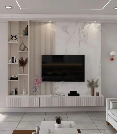 Modern wall mounted TV unit with decorative wall panel and floating cabinet for luxury living rooms in Dubai UAE