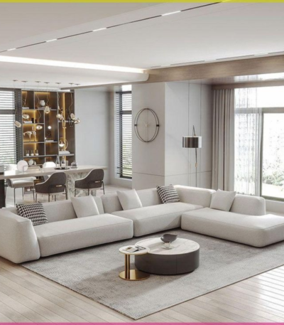 Monaco Modular L Shape Ivory Fabric Sectional Sofa with Chaise by Bahoo Interior UAE