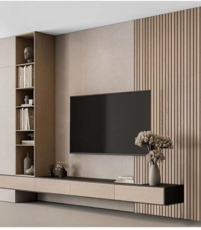 Modern TV unit with wood wall panel cabinet and floating storage for luxury living rooms in Dubai UAE