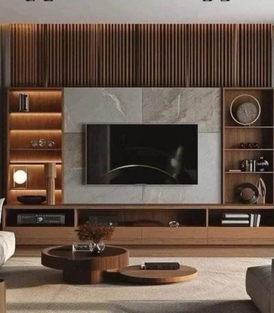 Luxury wooden TV wall unit with marble panel and floating cabinet by Bahoo Interior UAE.