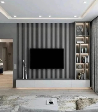 LumoStripe fluted TV wall unit with floating cabinet for modern living rooms by Bahoo Interior UAE.