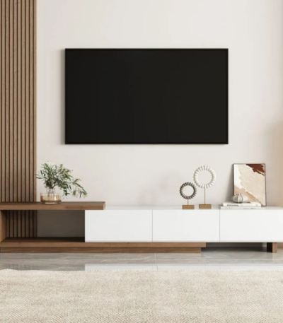 Modern walnut extendable TV stand with wall cladding and three storage drawers for luxury living rooms in Dubai UAE