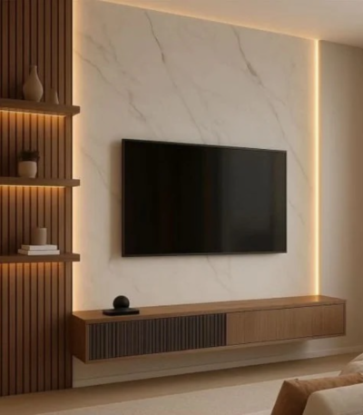 Lumera modern wall mounted TV unit with floating storage cabinet by Bahoo Interior UAE.