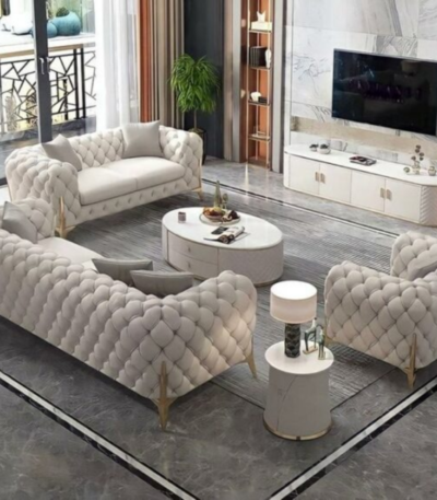 Royal Chesterfield Pearl White Tufted Velvet Sofa Set by Bahoo Interior UAE