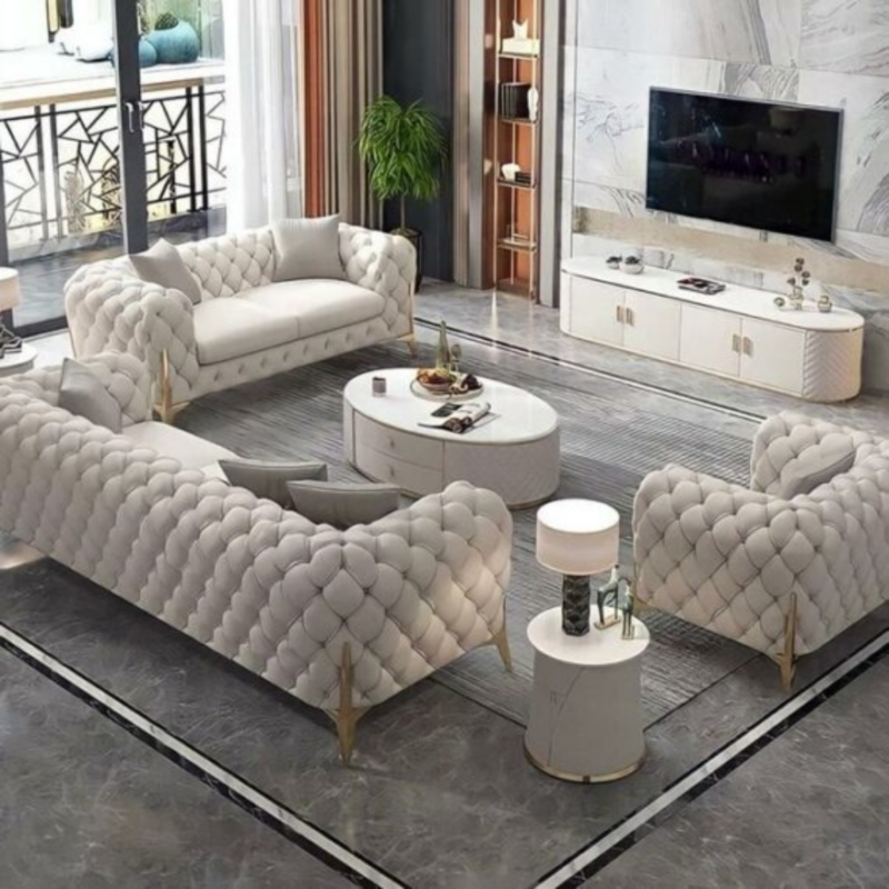 Royal Chesterfield Pearl White Tufted Velvet Sofa Set by Bahoo Interior UAE