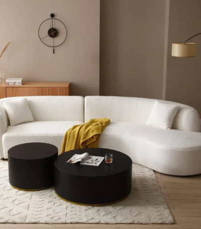 Aura Curved Ivory Bouclé L Shape Sectional Sofa with Chaise by Bahoo Interior UAE