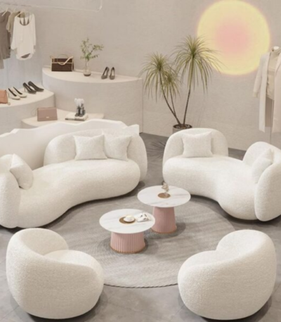 Milano Curved Ivory Bouclé Sofa Set with Lounge Chairs by Bahoo Interior UAE