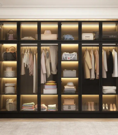 Bahoo Imperial 12-door glass wardrobe with integrated LED display lighting, luxury modern bedroom furniture.