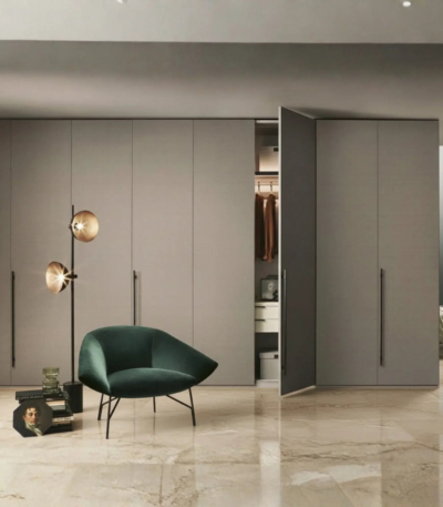 Bahoo Linear Max 3-Door Sliding Wardrobe with Integrated Side Console and Loft Cabinets for modern UAE bedrooms