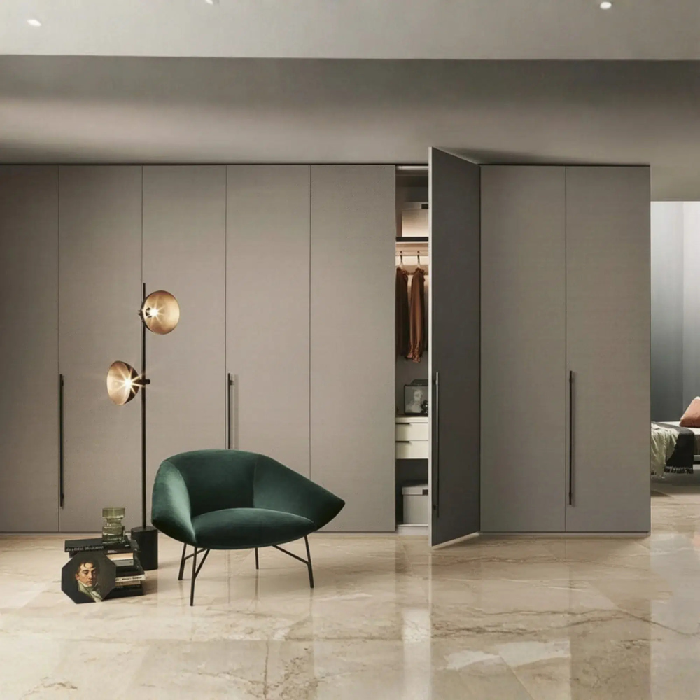 Bahoo Linear Max 3-Door Sliding Wardrobe with Integrated Side Console and Loft Cabinets for modern UAE bedrooms
