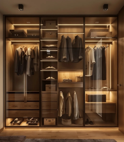 Bahoo Vetro Luxe glass door wardrobe with integrated LED sensor lighting for modern UAE bedroom interiors.
