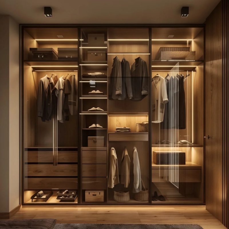 Bahoo Vetro Luxe glass door wardrobe with integrated LED sensor lighting for modern UAE bedroom interiors.