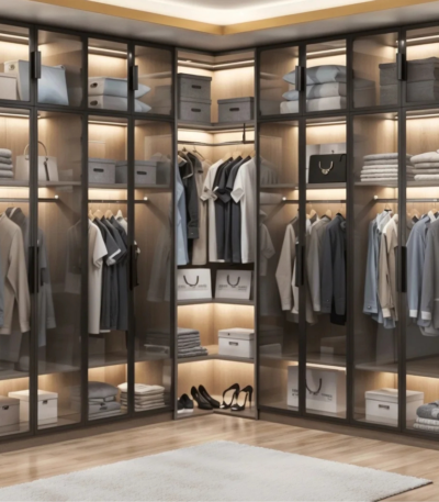 Bahoo Stellar Luxe L-Shape Corner Wardrobe with Smoked Glass Doors and LED Lighting