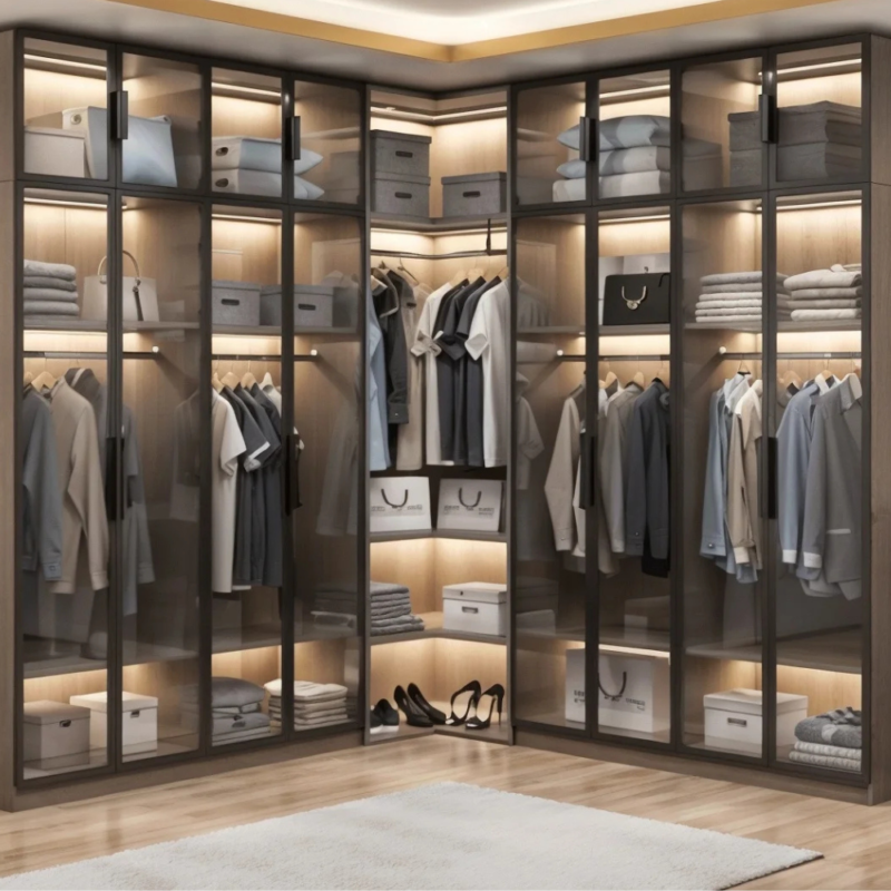 Bahoo Stellar Luxe L-Shape Corner Wardrobe with Smoked Glass Doors and LED Lighting