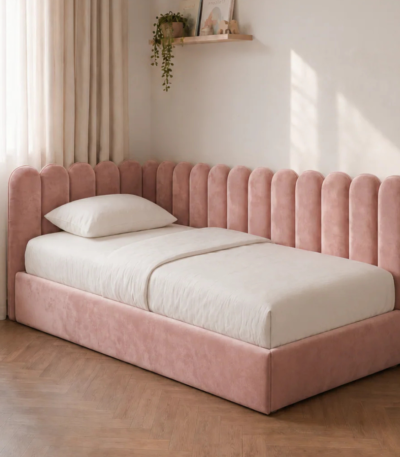 Bahoo Melor Kids Velvet Upholstered Bed – Premium Pink Single Bed Frame