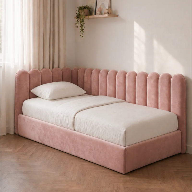 Bahoo Melor Kids Velvet Upholstered Bed – Premium Pink Single Bed Frame