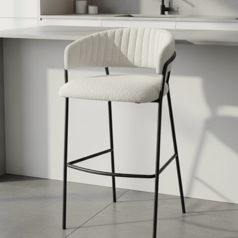 Bahoo Elita Off-White Bouclé Bar Stool with Curved Backrest