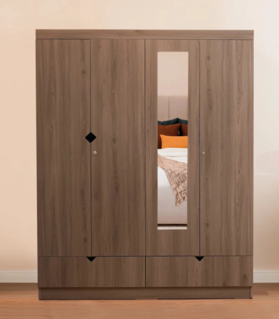 Bahoo MirraCab 3-Sliding Door Wardrobe with Corner Display and Overhead Lofts, Modern Bedroom Furniture UAE