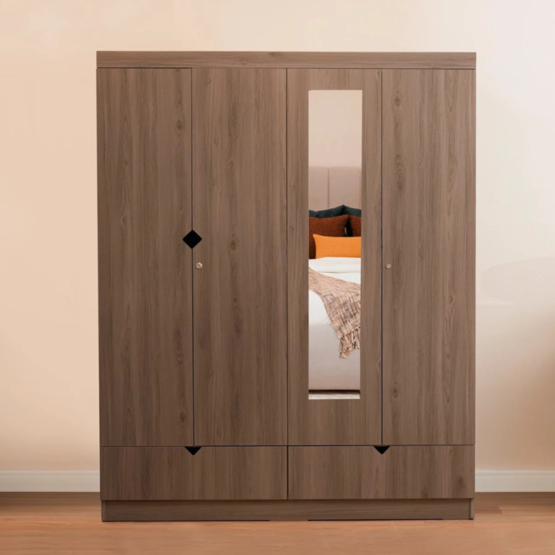 Bahoo MirraCab 3-Sliding Door Wardrobe with Corner Display and Overhead Lofts, Modern Bedroom Furniture UAE
