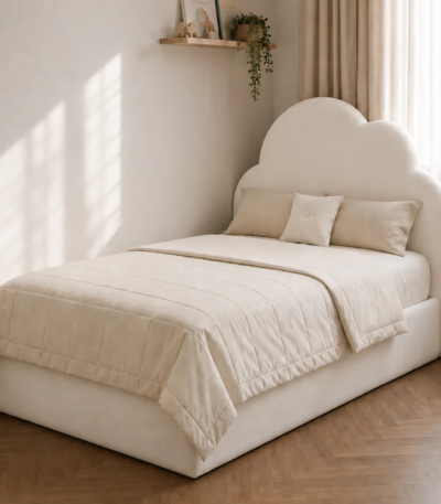 Bahoo Nube Velvet Cloud Bed for Kids – Off-White Upholstered Bed Frame