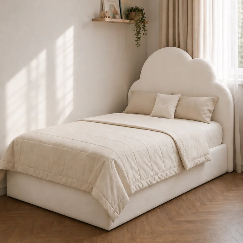 Bahoo Nube Velvet Cloud Bed for Kids – Off-White Upholstered Bed Frame